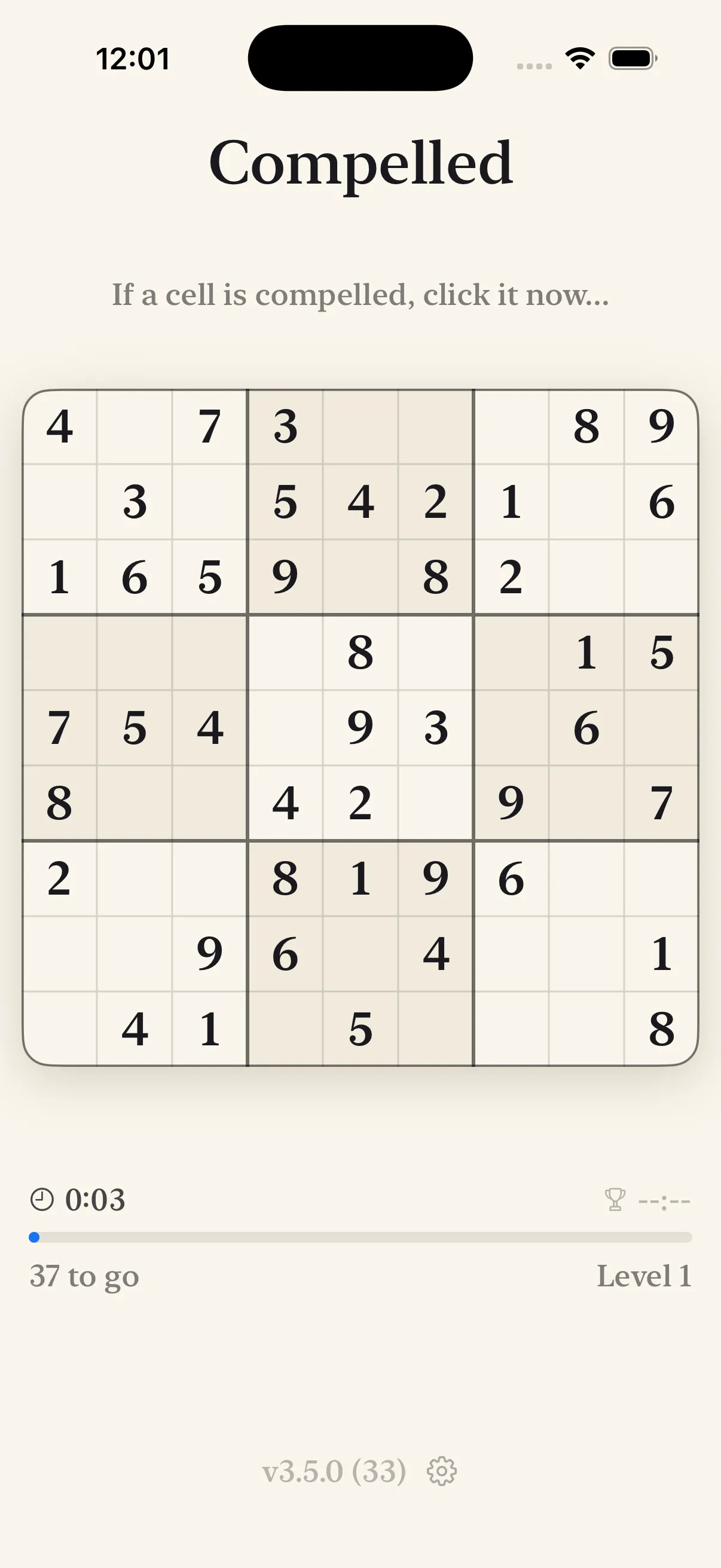 A run beginning on an iPhone. The grid holds its starting digits in black, the clock reads three seconds, and a line under it says thirty-seven to go.